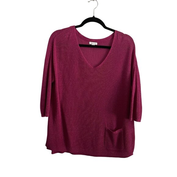 J.Jill Women M Petite Fuchsia Linen Blend Knit Pockets 3/4 Sleeve V-Neck Sweater - Picture 1 of 11